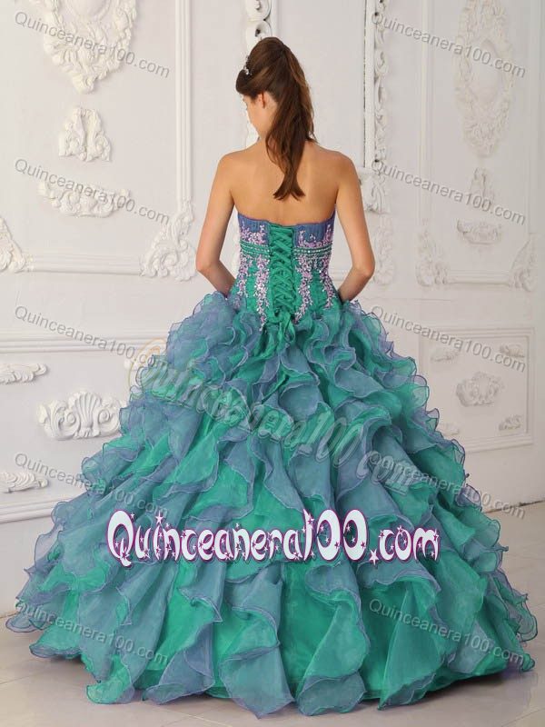 Sweet 16th Dress with Beading and Appliques in Blue and Green