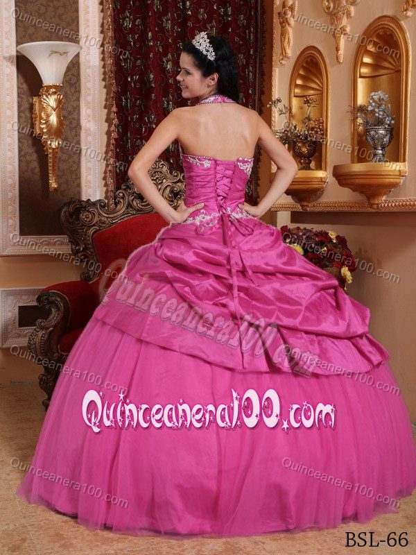 Appliqued Rose Pink Dress for Quinceanera with Halter-top