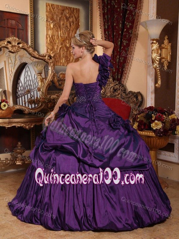 One Shoulder Dark Purple Dresses for Quince with Beading