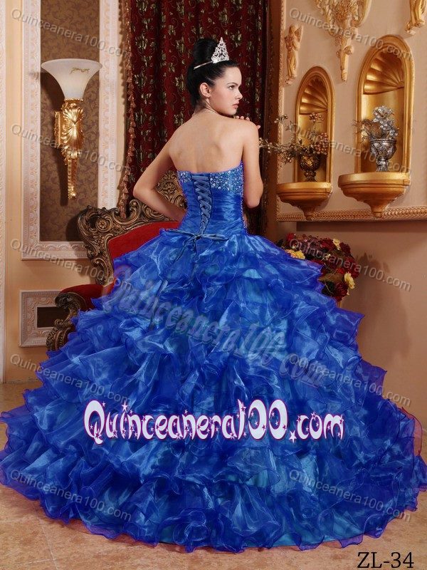 Beading Royal Blue Strapless Ruffled Dress For Quinceaneras