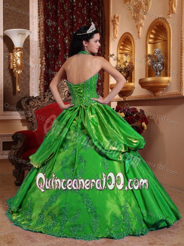 Halter Appliques Dresses For 15 in Hunter Green with Ruffles