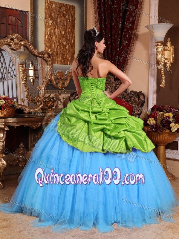 Spring Green and Blue Strapless Appliqued Quinceanera Gowns