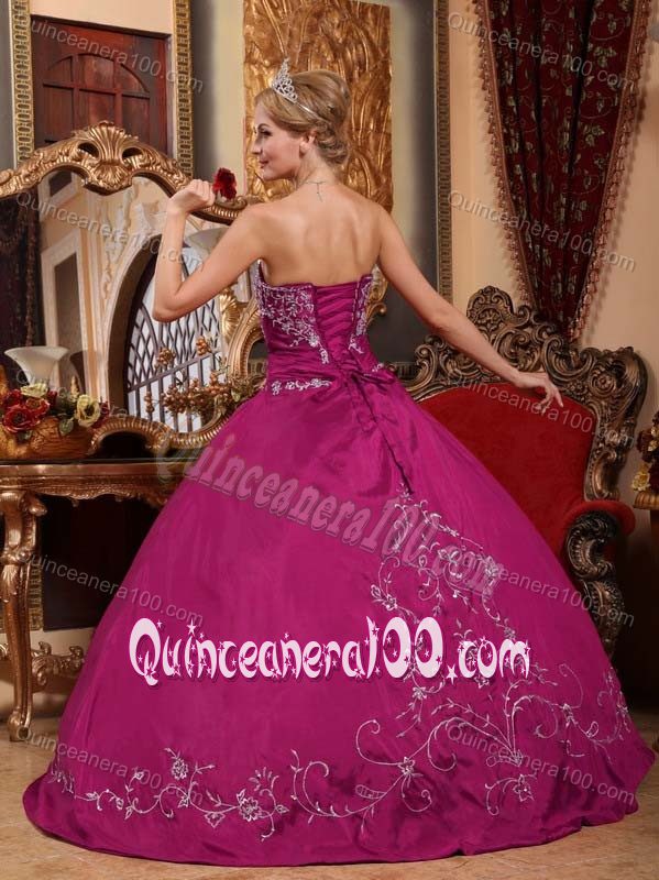 Fuchsia Strapless Embroidered Satin Quinceanera Dress