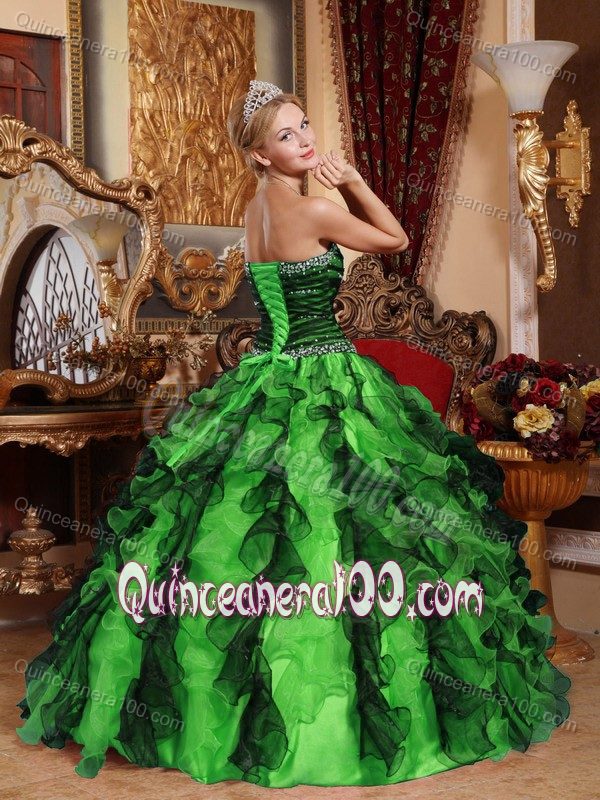 Green and Black Sweetheart Dress for Quince with Beads Encrusted on Top