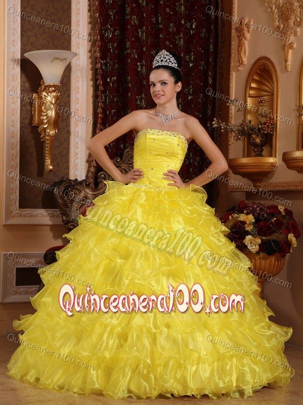 Bright Yellow Strapless with Layers of Ruffles and Beading on Bodice