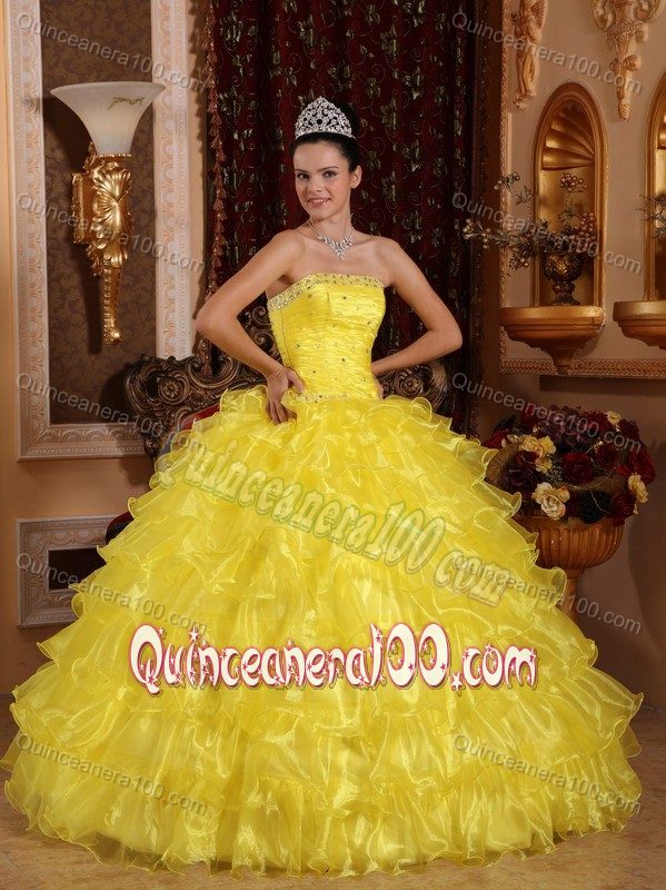 Bright Yellow Strapless with Layers of Ruffles and Beading on Bodice