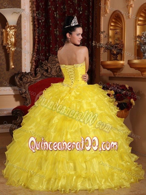 Bright Yellow Strapless with Layers of Ruffles and Beading on Bodice