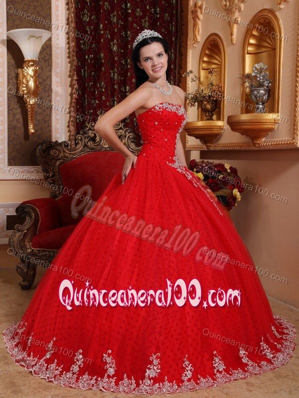 Coral Red Strapless Full-length Quinceanera Gowns with Dotted Fabric