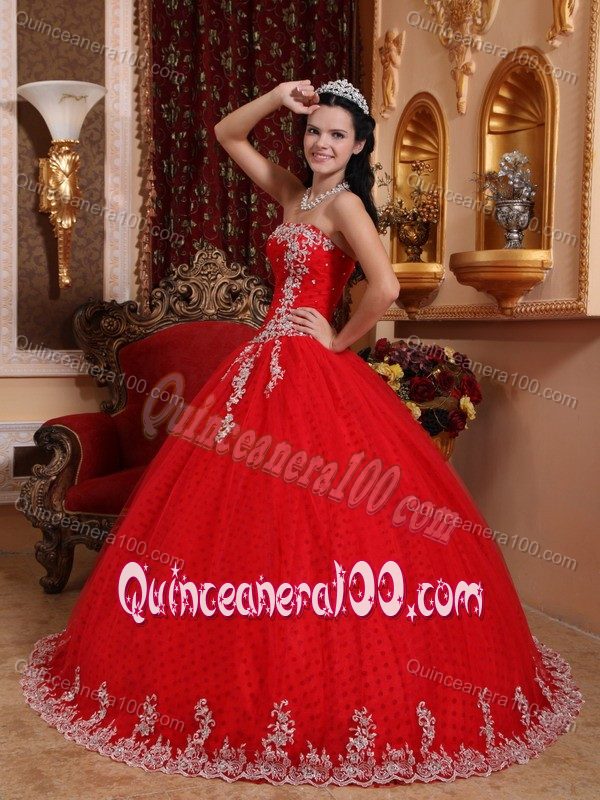 Coral Red Strapless Full-length Quinceanera Gowns with Dotted Fabric