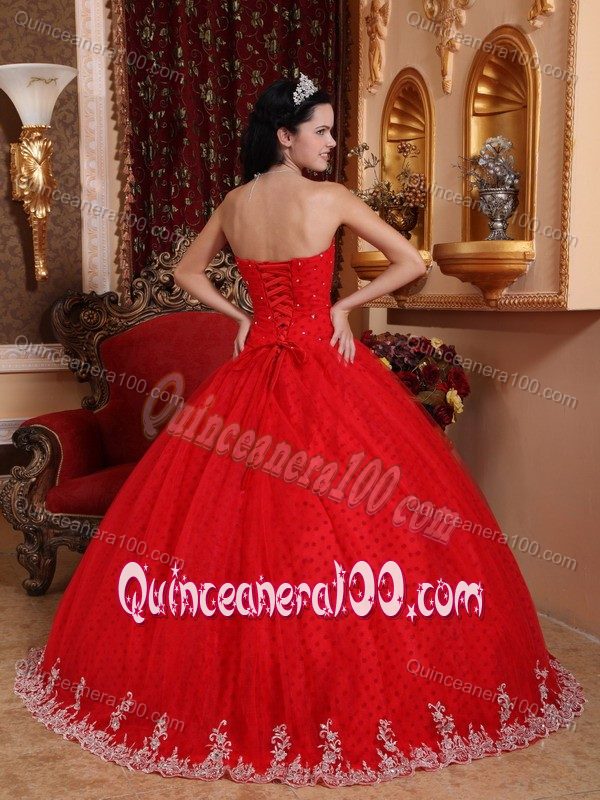 Coral Red Strapless Full-length Quinceanera Gowns with Dotted Fabric