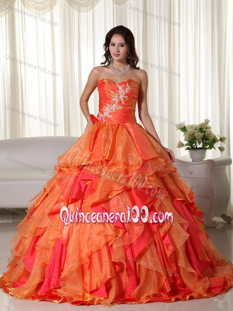 Orange Sweetheart Appliques Quinceanera Dress with Ruffles