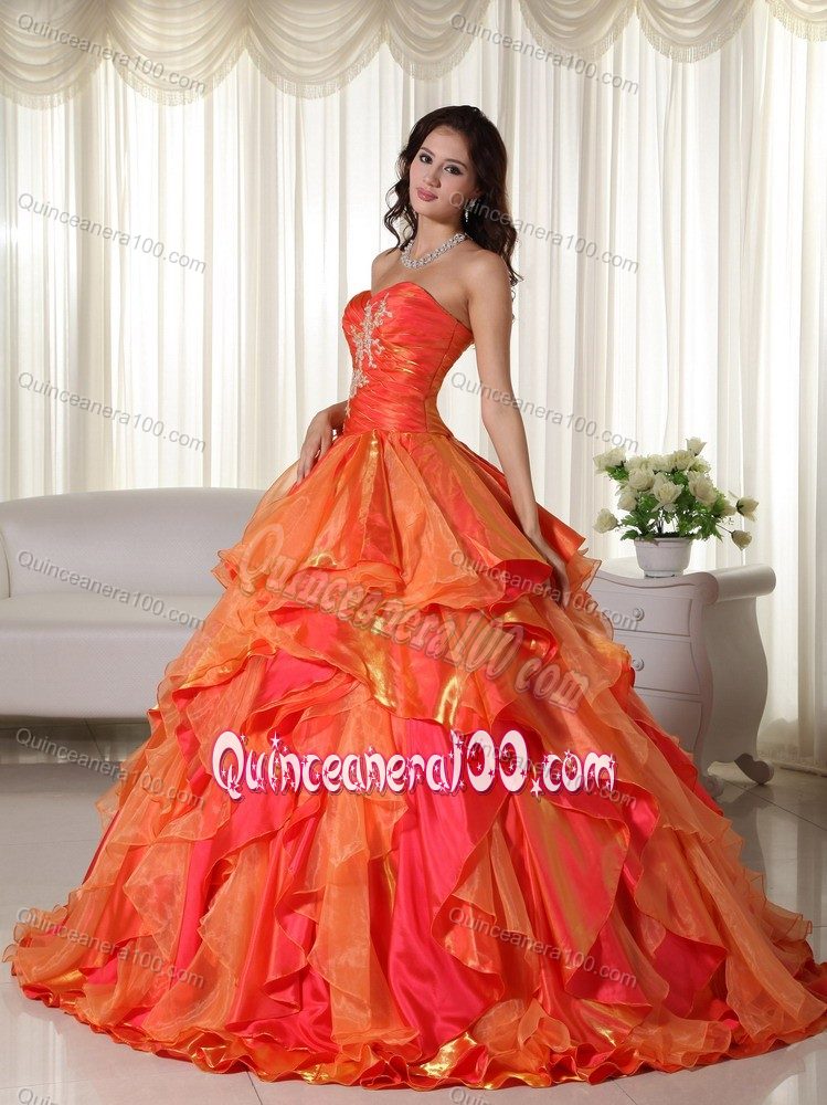 Orange Sweetheart Appliques Quinceanera Dress with Ruffles