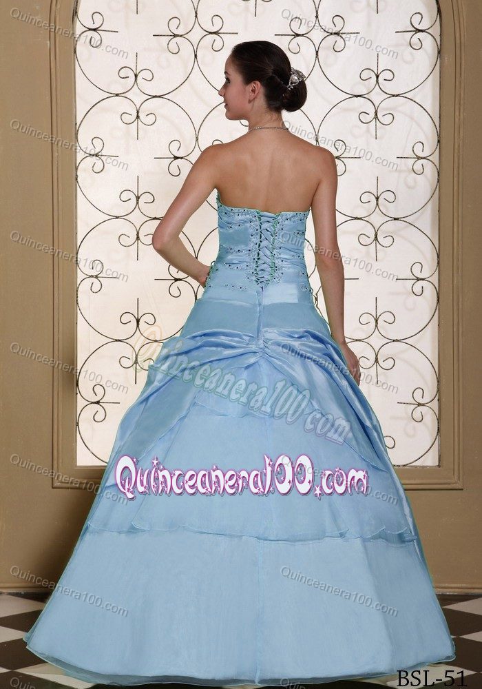 Sky Blue Quince Dress with Ruched Bust and Pick-ups at the Bottom