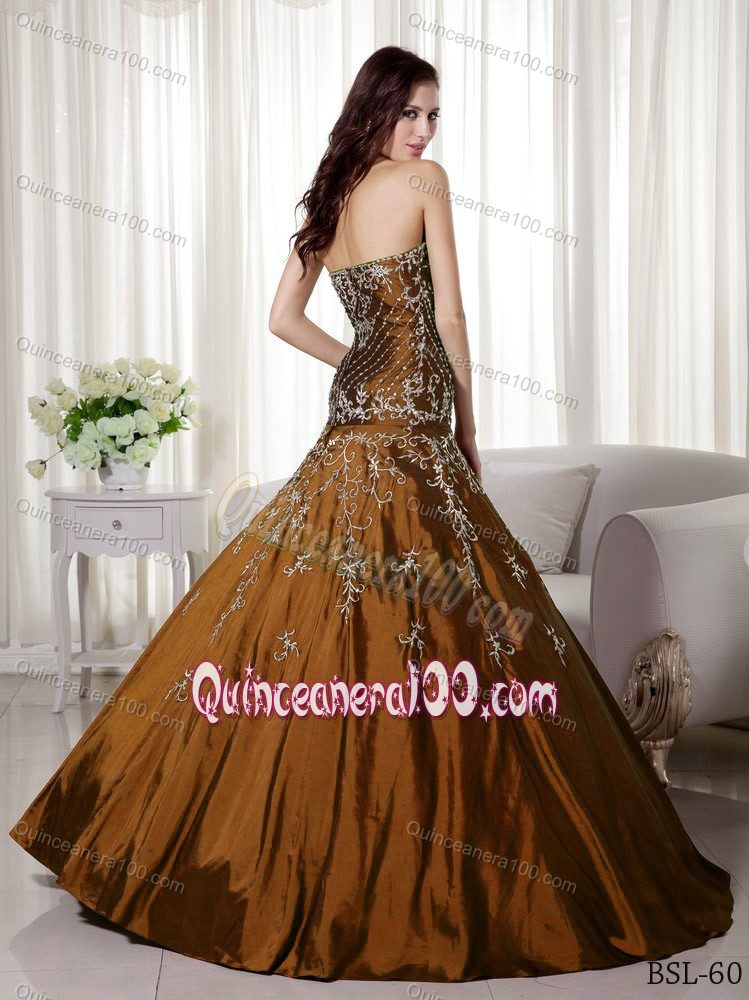 Brown Dress For Quinceanera with Dropped Waist and Embroidery