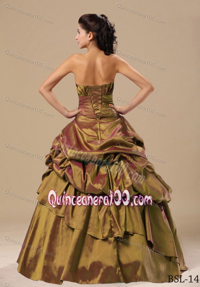 Brown Strapless Prom Dresses with Pick-ups and Appliques