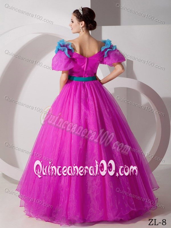 Fuchsia and Blue A-line V-neck Sweet 15 Dresses with Handmade Flowers