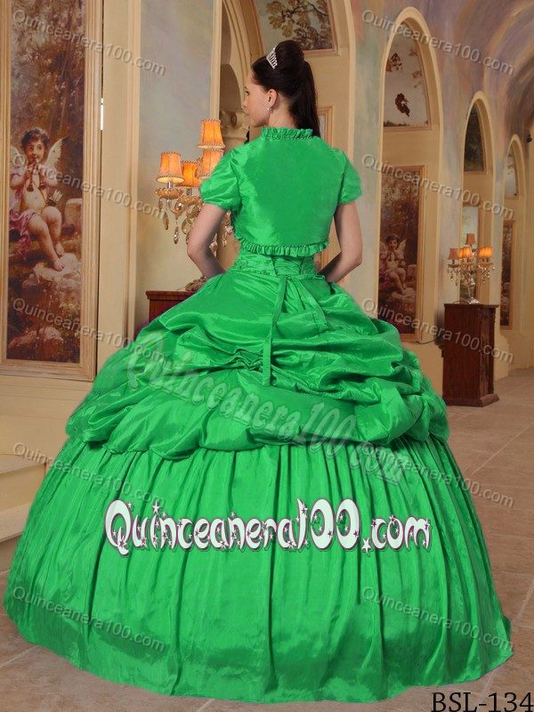 Green Taffeta Quinceanera Dress with Embroidery and Pick-ups for 2013