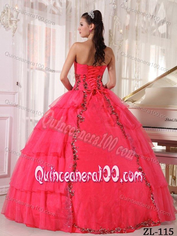 Cheap Coral Red Sweetheart Quinceanera Dress with Appliques and Layers