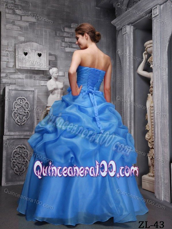 Blue Organza Sweet Sixteen Quinceanera Dresses with Beading and Ruches