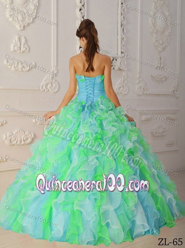 Multi-Color Organza Quinceanera Dress with Handmade Flowers and Ruffles