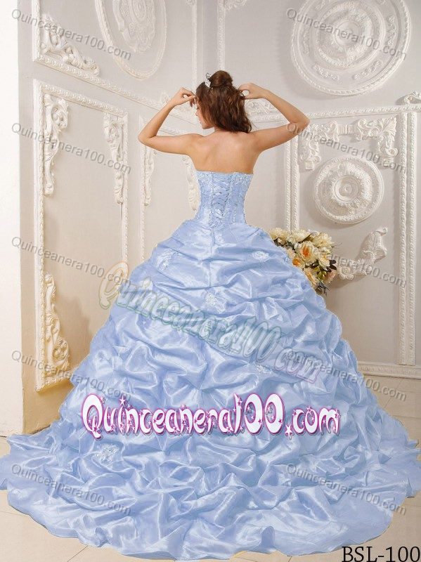 Lilac Strapless Quinceanera Gown by Taffeta with Court Train and Beading