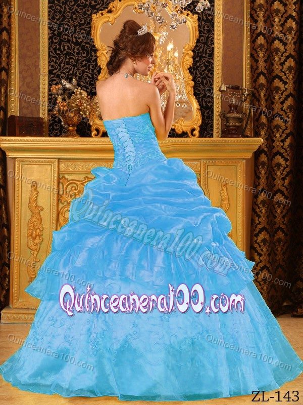 2013 Aqua Blue Strapless Quinceanera Dress by Organza with Appliques