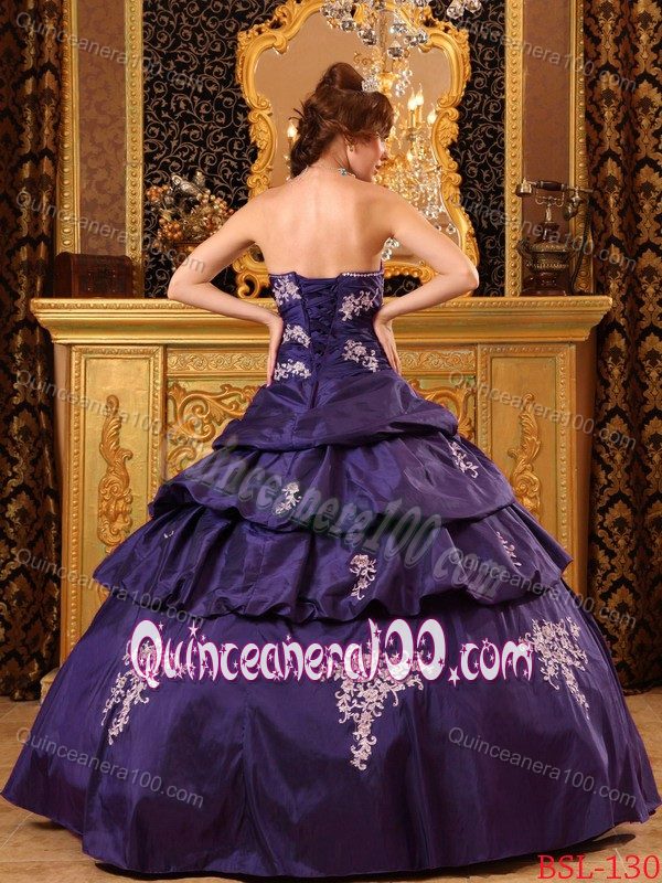 Dark Purple Taffeta Sweetheart Quince Gown with Beading and Appliques