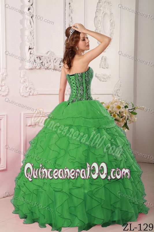 Dark Green Quince Gown with Bodice by sequined Fabric and Ruffled Skirt