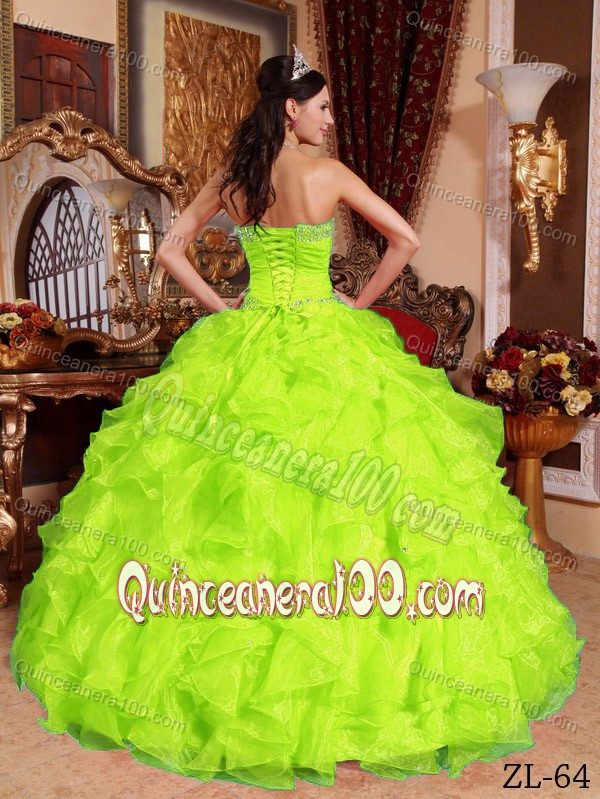 Yellow Green Organza Quinceanera Dress with Sweetheart Neck and Beading