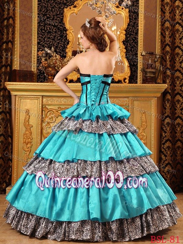 Turquoise Quinceanera Dress with Sweetheart Neck and Leopard Print layers