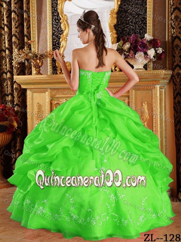 Spring Green Strapless Quinceanera Gown dress by Organza with Pick-ups