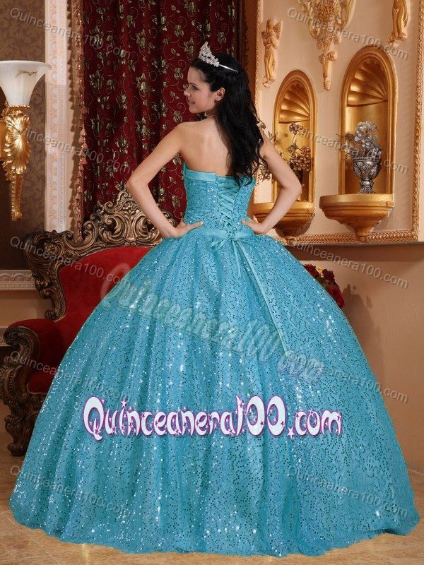 Aqua Blue Sweetheart Quinceanera Gown Dress by Sequined Fabric for 2013