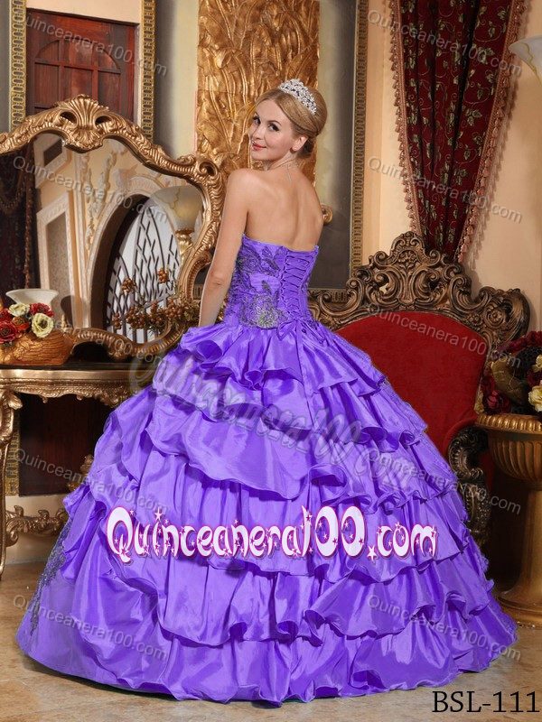 Purple Strapless Quinceanera Dress by Taffeta with Appliques and Layers