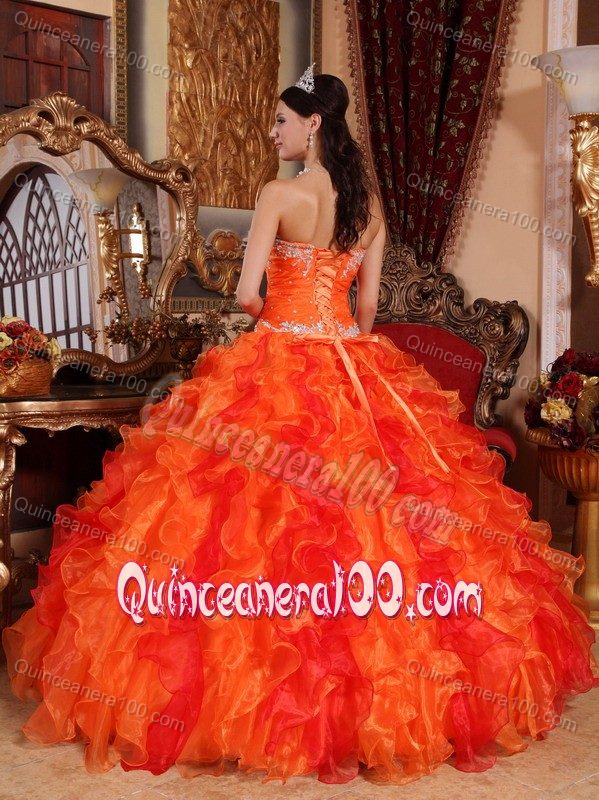 Orange Sweetheart Organza Quinceanera Dress with Appliques and Ruffles