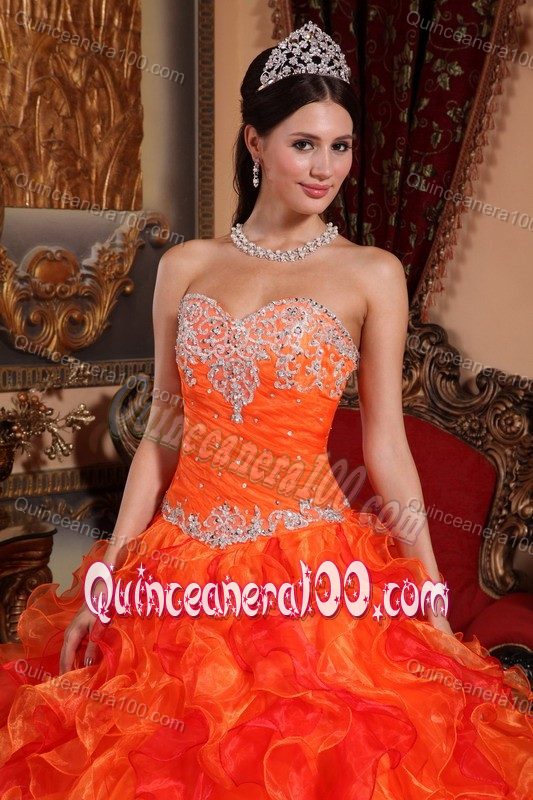 Orange Sweetheart Organza Quinceanera Dress with Appliques and Ruffles