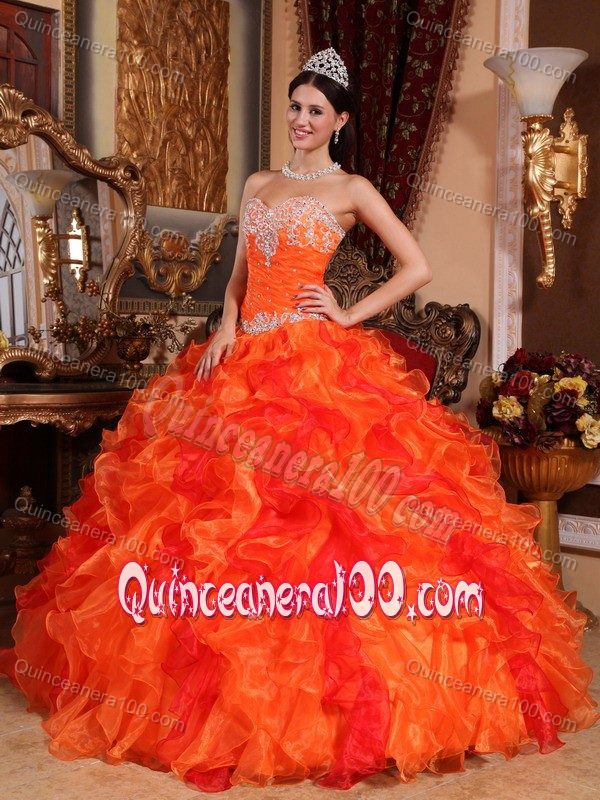 Orange Sweetheart Organza Quinceanera Dress with Appliques and Ruffles