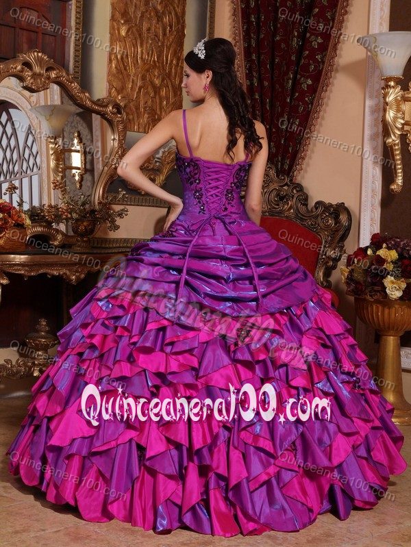 Purple and Fuchsia Sweet 16 Dresses with Spaghetti Straps and Ruffles