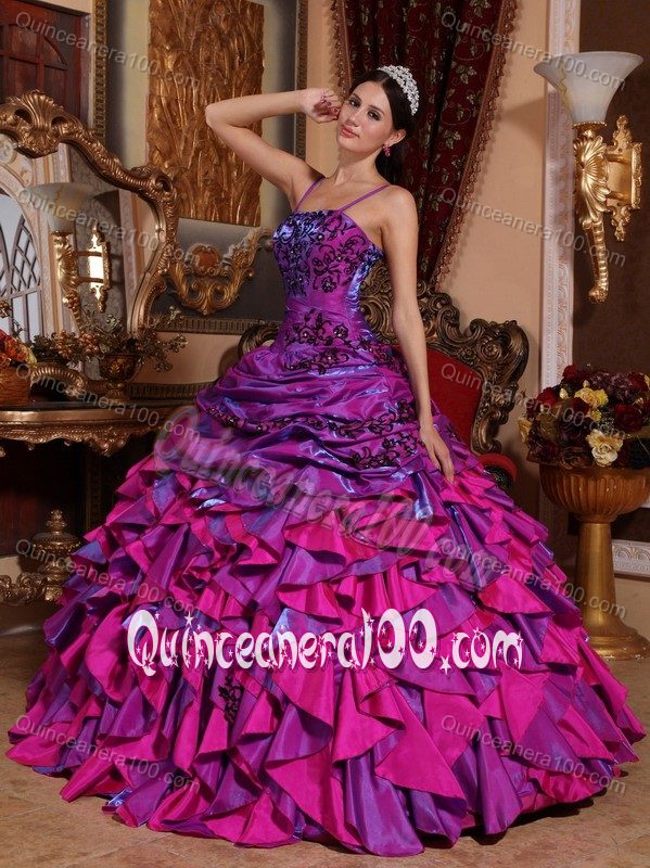 Purple and Fuchsia Sweet 16 Dresses with Spaghetti Straps and Ruffles