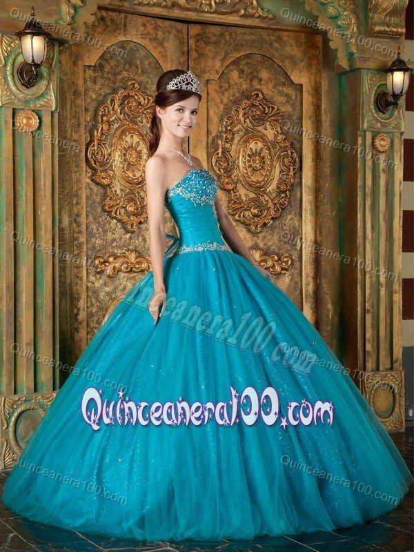 Teal A-Line / Princess Sweetheart Tulle Quinceanera Dress with Beading