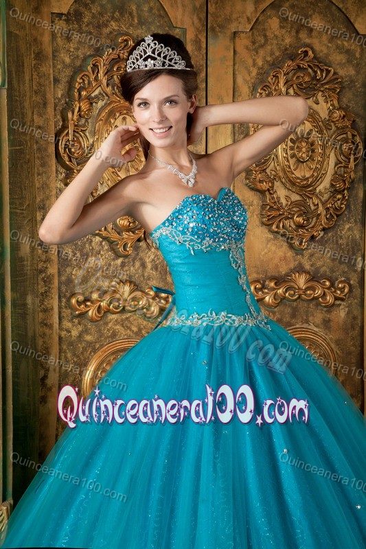 Teal A-Line / Princess Sweetheart Tulle Quinceanera Dress with Beading