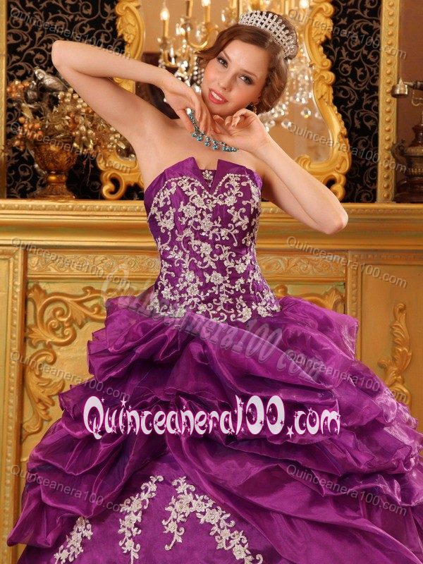 Fuchsia Strapless Dress For Quinceaneras with Appliques and Ruffles