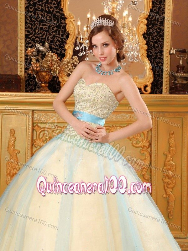 Champagne Sweet Sixteen Quinceanera Dresses with Blue Tulle Overlay