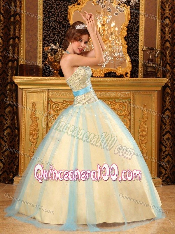 Champagne Sweet Sixteen Quinceanera Dresses with Blue Tulle Overlay