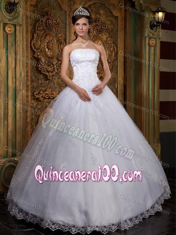 White Quince Gown by Satin and Tulle with Strapless Neck and Appliques