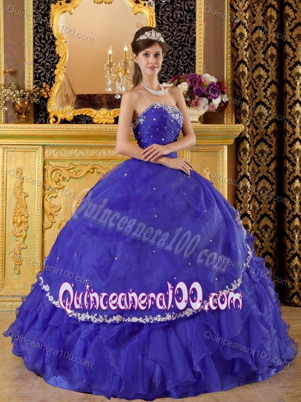 Deep Purple Strapless Quinceanera Dress with Appliques and Ruffled Skirt