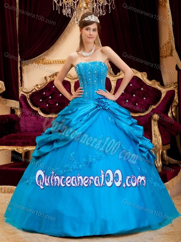 Blue Dress For Quinceanera by Taffeta and Tulle with Lace Appliques