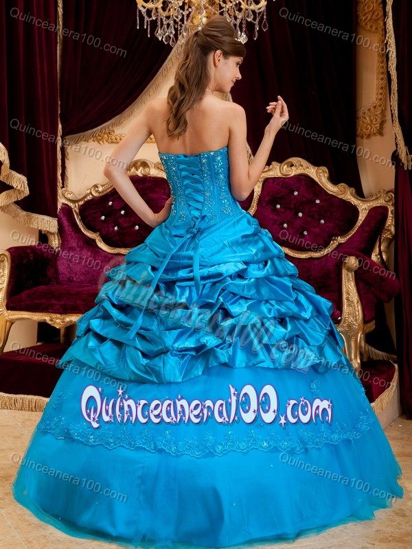 Blue Dress For Quinceanera by Taffeta and Tulle with Lace Appliques