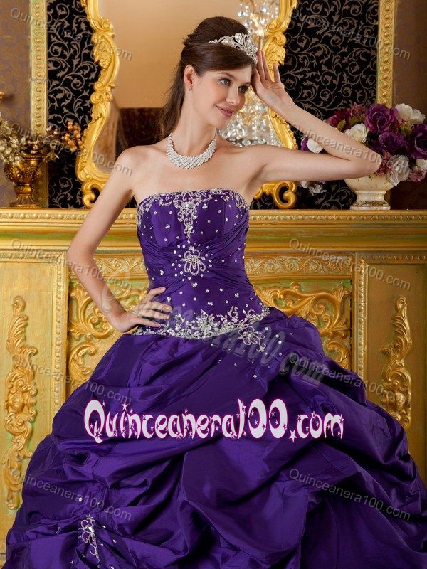 Purple Strapless Quinceanera Gown by Taffeta with Appliques and Beading