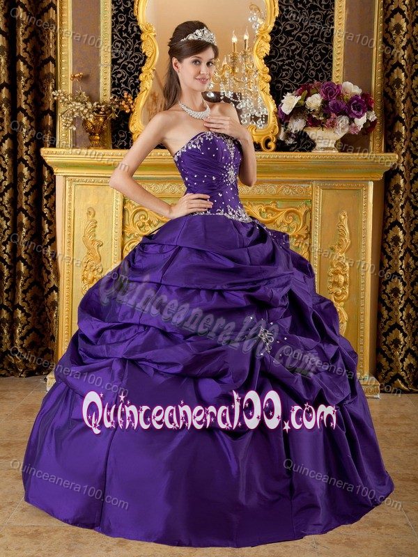 Purple Strapless Quinceanera Gown by Taffeta with Appliques and Beading