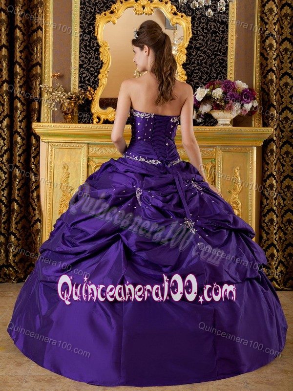 Purple Strapless Quinceanera Gown by Taffeta with Appliques and Beading